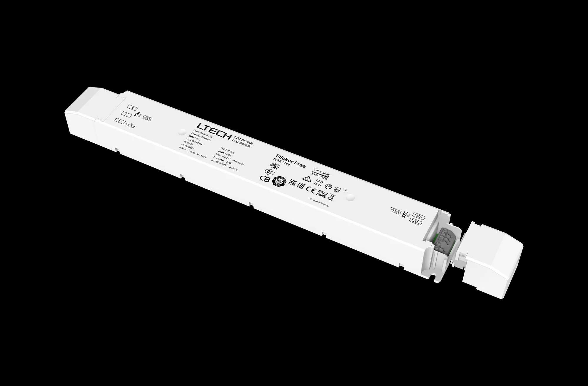 Leading edge (Triac), Trailing edge (ELV) Phase-cut and Push DIM/CCT, 0-100% Dim, Constant Voltage 150W, 24Vdc 6.25A, 200-240Vac, IP20, 5yrs Warranty. LM-150-24-G1T2  LTECH Constant Voltage